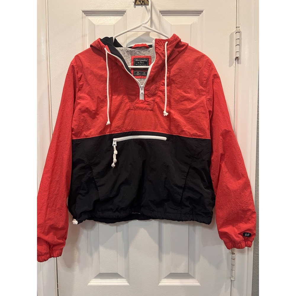Abercrombie Fitch Pullover Jacket S Pink Red/ Navy Colorblock Windbreaker Hooded